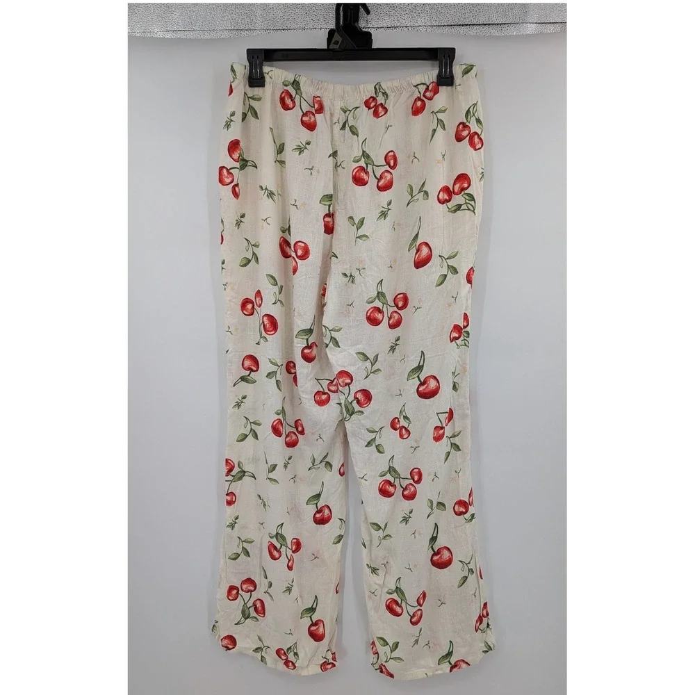 Boho Resortwear Cherry Linen Blend Wide Leg Cream Red Drawstring Fruit XL Pants